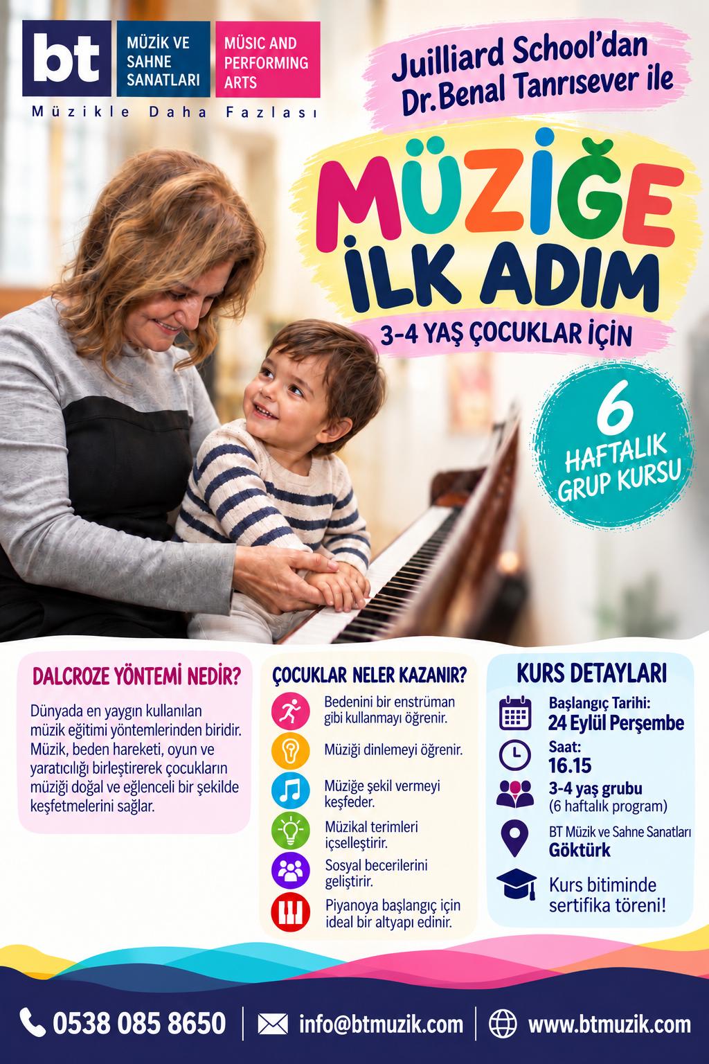 Juilliard School'dan Dr. Benal Tanrısever ile Müziğe İlk Adım kurs afişi — 3-4 yaş çocuklar için 6 haftalık grup kursu